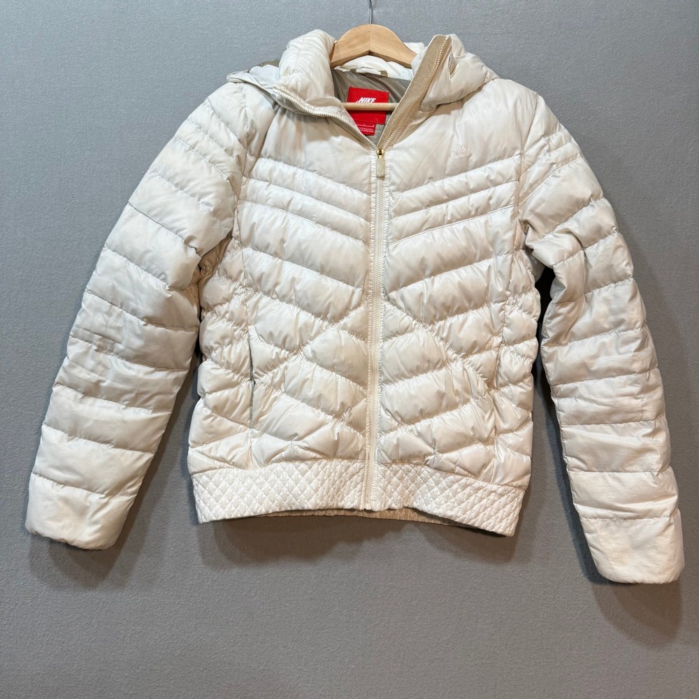 Nike Down Puffer‎ Hooded Off White Quilted Insulated Jacket Coat Women Size L